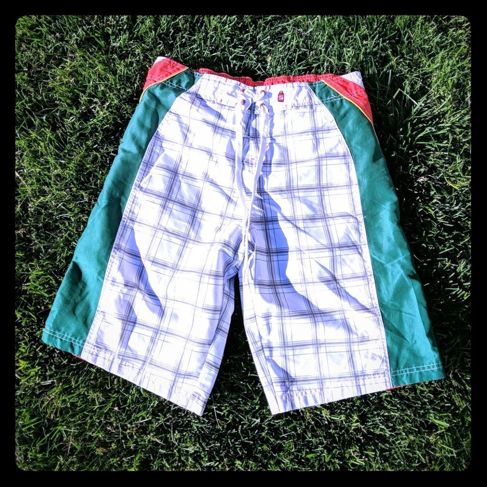 Red stripe men's boys swim trunks L